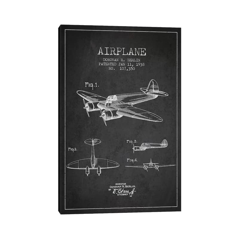 iCanvas "Plane Charcoal Patent Blueprint" by Aged Pixel Canvas Print