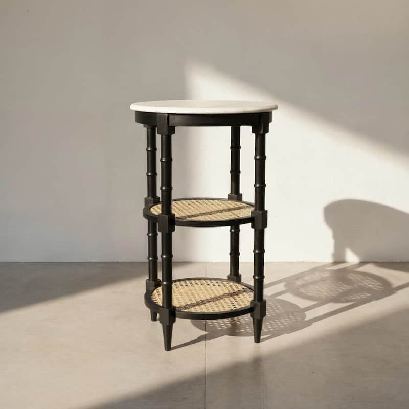 End Table with Genuine Marble Top and 2 Woven Cane Storage Shelves