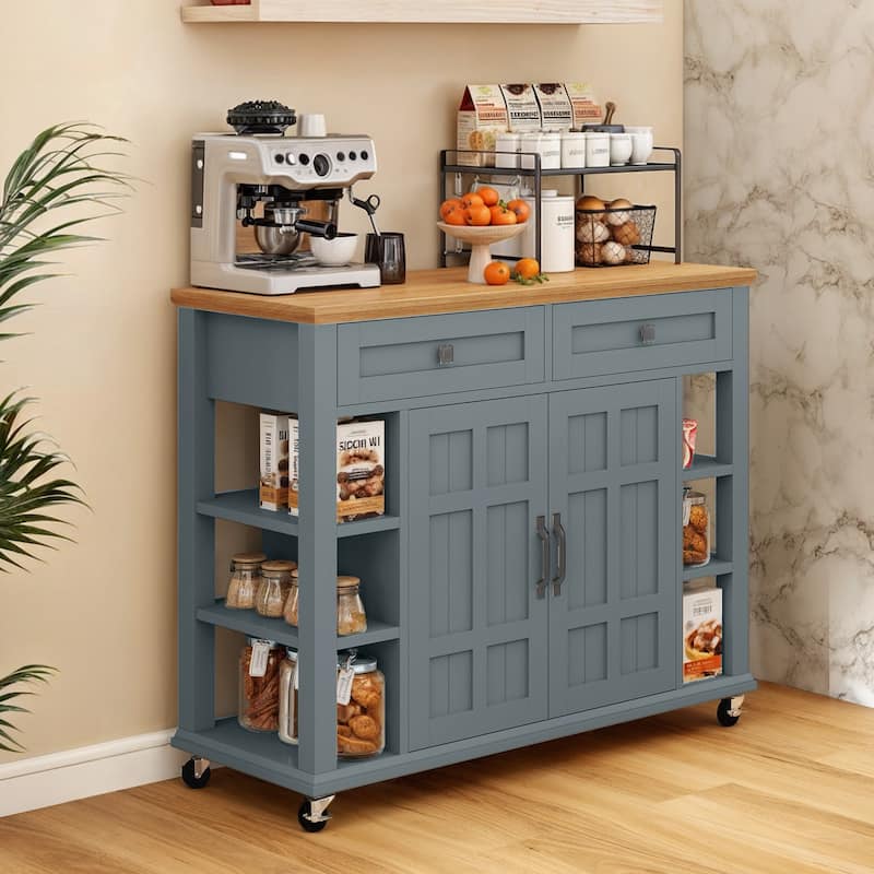 Rolling Kitchen Island Kitchen Cart Storage Cabinet with Open Shelves - Grey