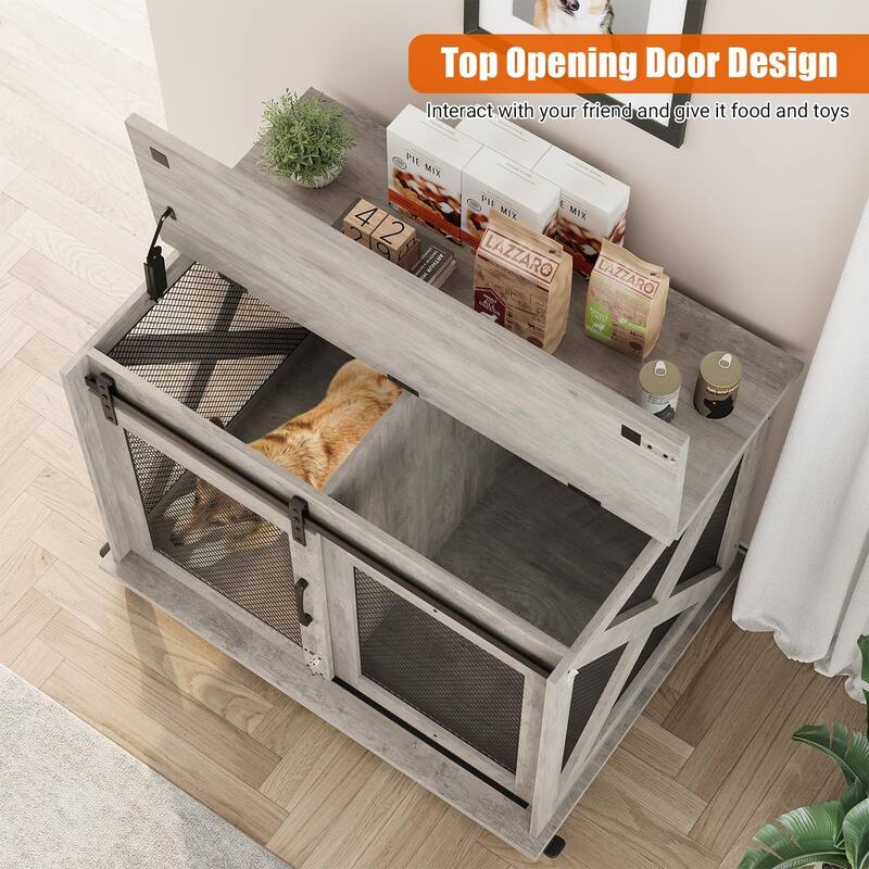 Furniture Dog Crate Table with Flip Top, Sliding Door, Divider