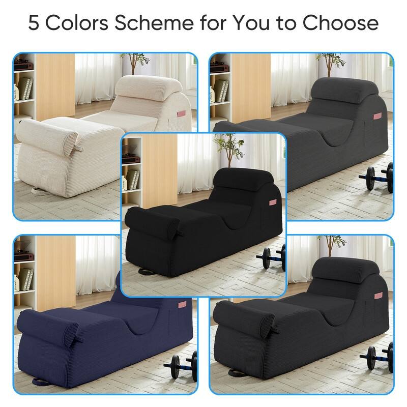 Mixoy Corduroy Yoga Chaise Lounge Chair,Curved Yoga Sofa with Movable Headrest/Waist Cushion/Footrest,Non-Slip Bottom