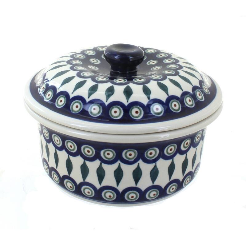 Blue Rose Polish Pottery 887 Zaklady Round Baker with Lid - Peacock