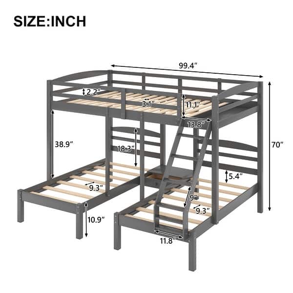 dimension image slide 3 of 4, Pine Wood Bunk Bed with Triple Sleeping Space, Built-in Middle Drawer, and Safety Guardrail