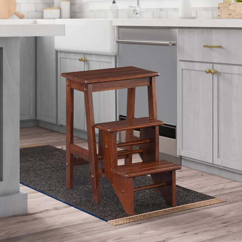 3 Step Wooden Frame Stool with Safety Latch, Brown