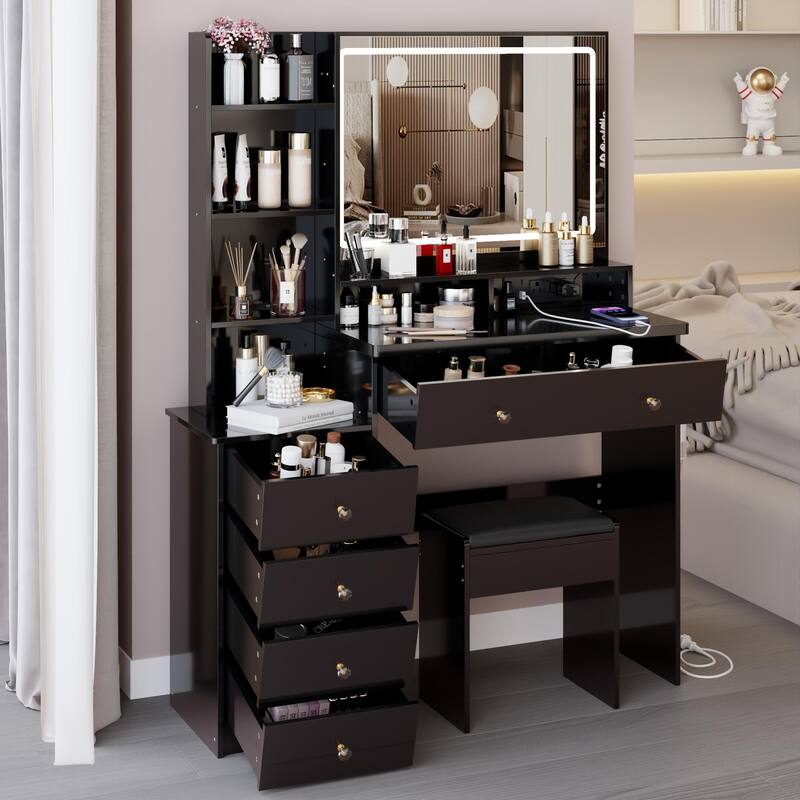 41" Large Size Left Bedside Cabinet Vanity Table + Cushioned Stool Dresser Set, 2 AC+2 USB Power Station, Hair Dryer Stand