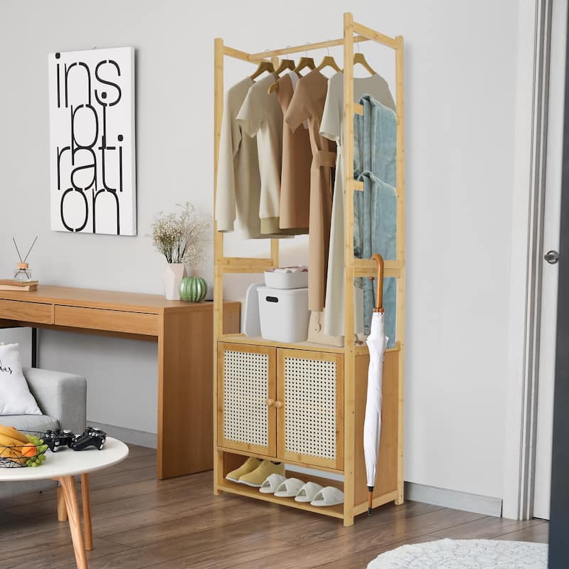 Bamboo Garment Rack with Clothes Rail Storage Organiser Freestanding - 21" x 13" x 66"