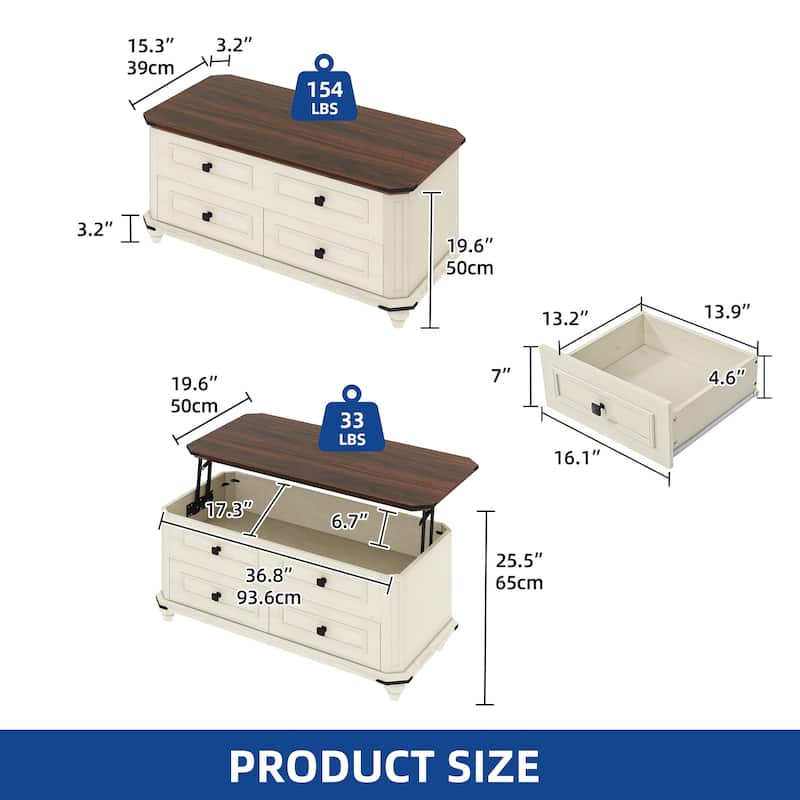 Moasis Farmhouse Lift Top Coffee Table w/2 Drawers Hidden Compartment and Storage, Square/Rectangular