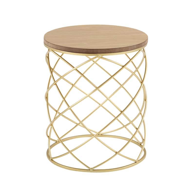 Modern Birdcage Shaped Side Table Golden Accent Table with Wood Round Top and Metal Mesh Base, Indoor Small End Table