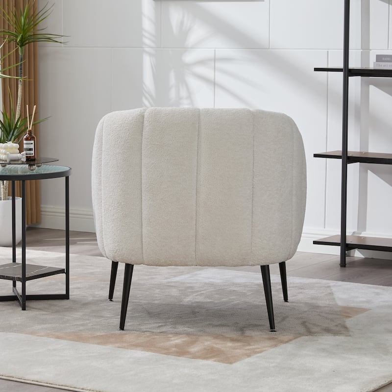 Chenille Upholstered Barrel Accent Chair, Channel Tufted Lounge Armchair, Round Reading Chair with Curved Backrest & Metal Legs