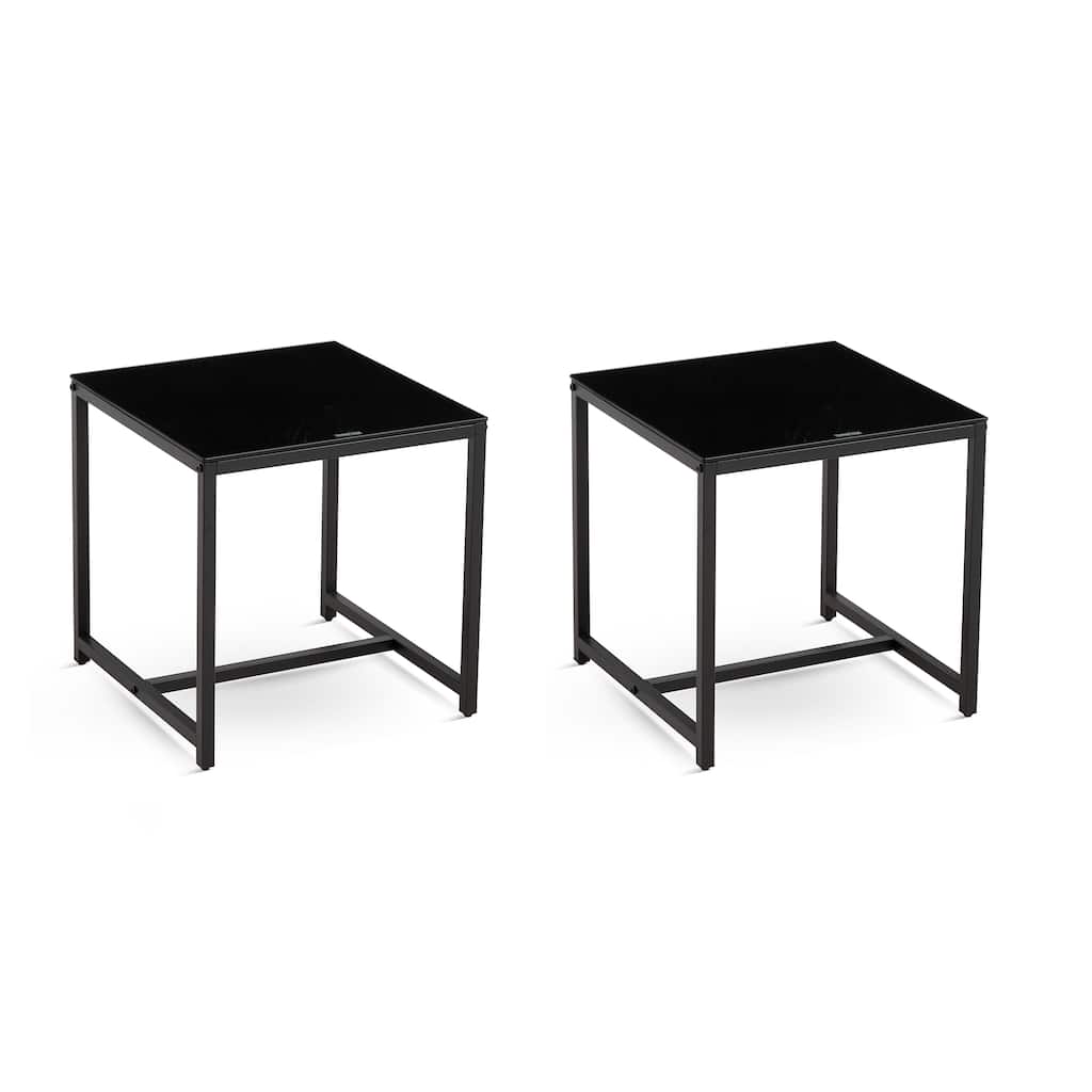2 Pieces Black Glass Night Stand,MDF Side Table, Small Tea Table, Sofa Table with Metal Leg