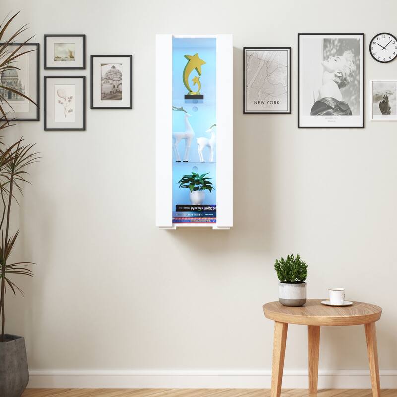 Storage Cabinets with Aluminum Strip Lamp & with Glass Shelves - White-3 Tiers