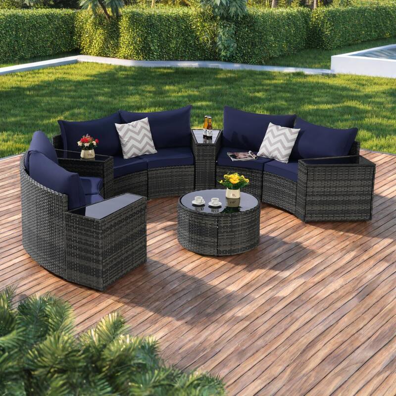 11-Piece Outdoor Half-Round Modular Sectional Sofa Set with Tempered Glass Coffee Table and 4 Side Table - Dark Blue