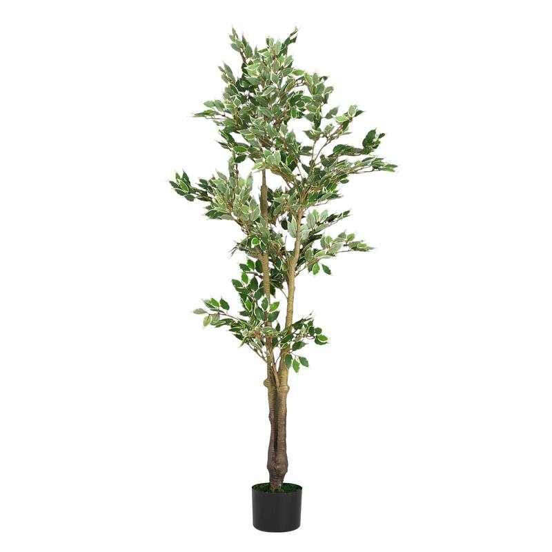 Roomfitters 69'' Artificial Ficus Tree, Tall Faux Indoor Plant with Black Plastic Pot for Home Decor, Green