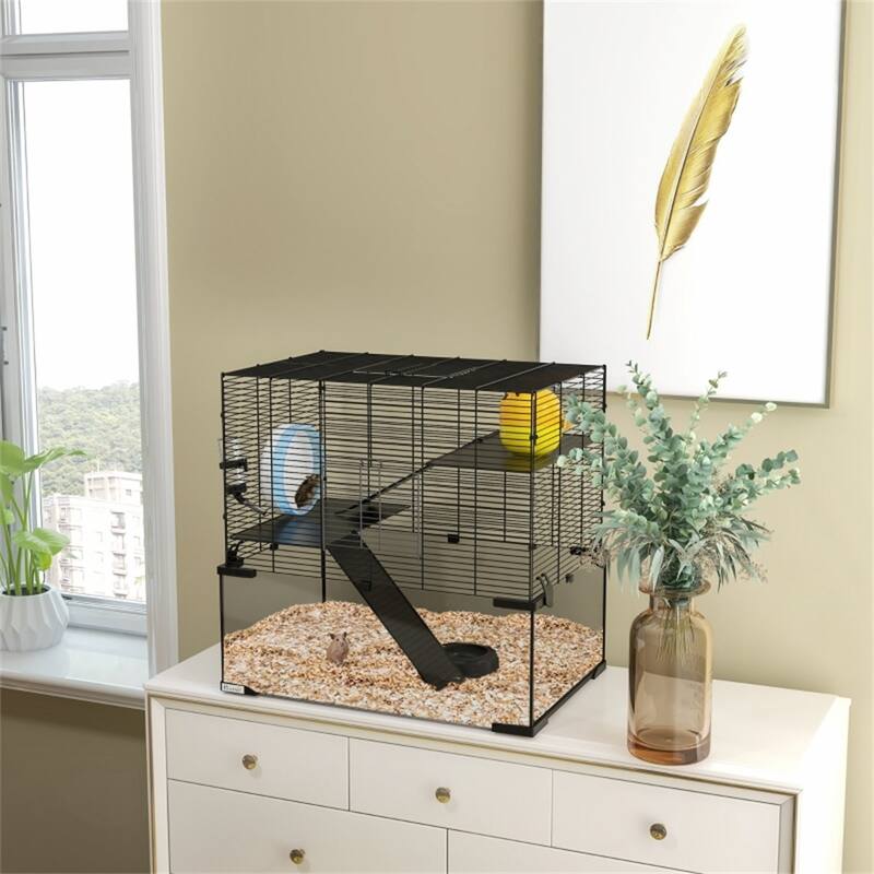 Black-Transparent Hamster Cage with Steel Frame, Glass Base and Accessories - 23.5" L x 15.75" W x 21.5" H