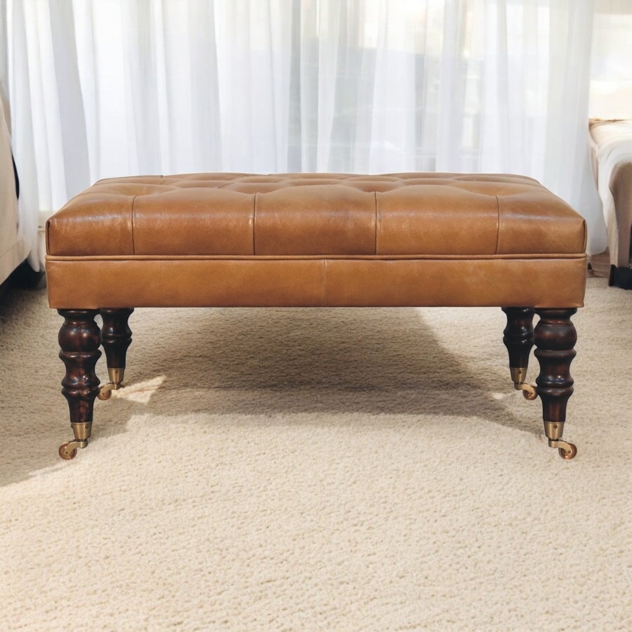 Artisan Furniture Solid Wood , Leather upholstered, California Walnut Buffalo Green Leather Ottoman with Castor Legs , Brown