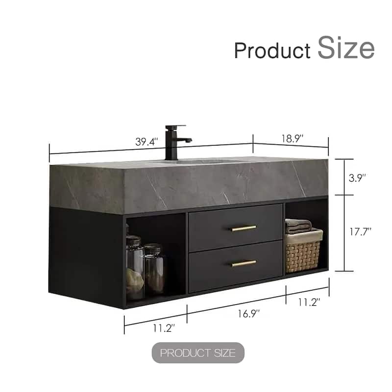 39-Inch Modern Solid Wood Floating Dresser with Ceramic Sink 2 Drawers and Shelves Pre-Installed Black