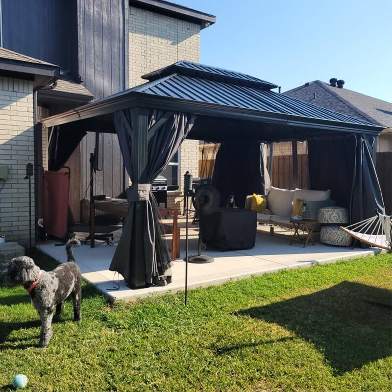 12' X 16' Outdoor Metal Hardtop Gazebo with Double Roof, Aluminum Frame, Curtains, and Netting for Patio, Deck, Garden, Grey - Grey