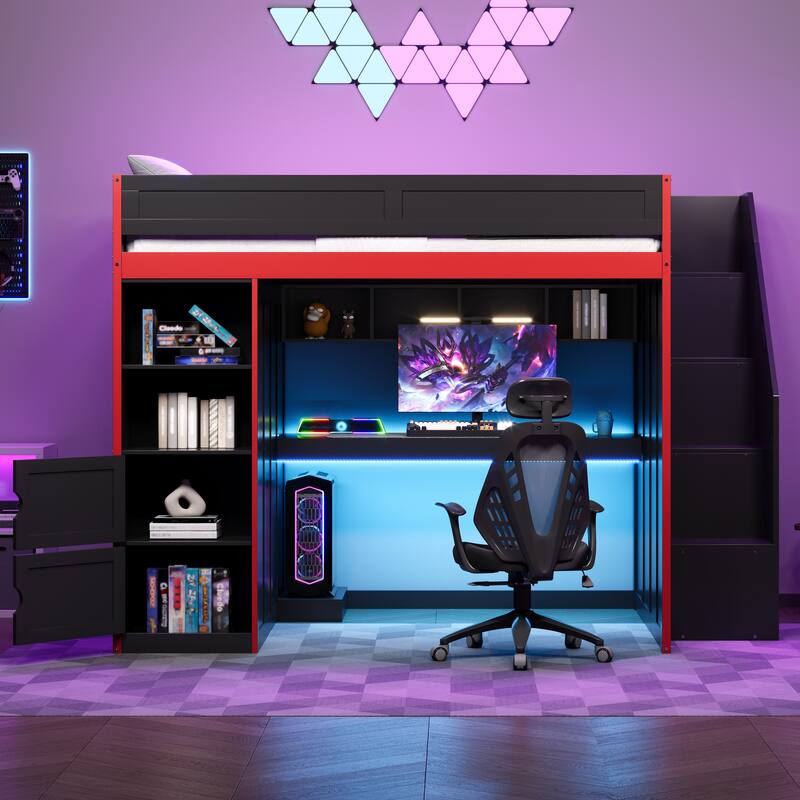 GDFStudio - GameZone Modern Wooden Gaming Loft Bed with Desk, Storage and LED Lighting