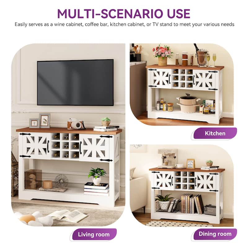 45.5" Farmhouse White Wood Entryway Console Table Buffet Storage Cabinet Wine Rack - 45.3"Lx15"Wx31.5"H