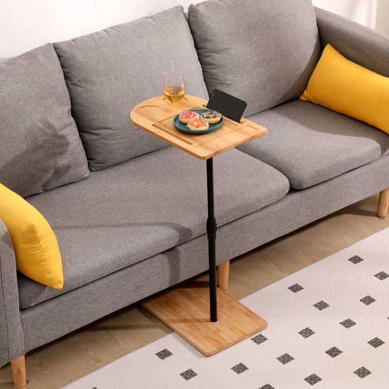 Couch Tray Table Bamboo Height Adjustable Side Table for Sofa C-shaped Oval End Tables