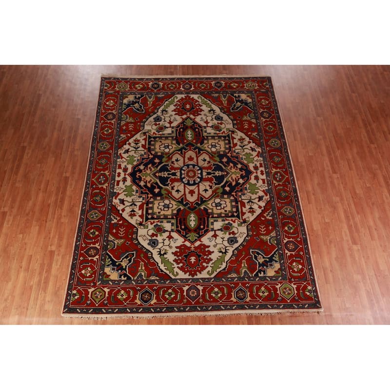 Ivory & Orange Heriz Serapi Indian Area Rug Handmade Wool Carpet - 8'11"x 11'9"