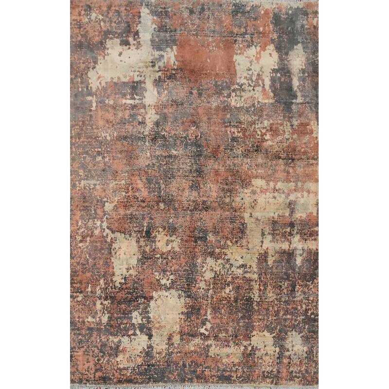 Hand Knotted Oriental Viscose Silk Carpet Modern All-Over Oranges & Rust Abstract Area Rug - 8' 0'' X 5' 7''