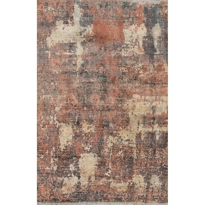 Hand Knotted Oriental Viscose Silk Carpet Modern All-Over Oranges & Rust Abstract Area Rug - 8' 0'' X 5' 7''