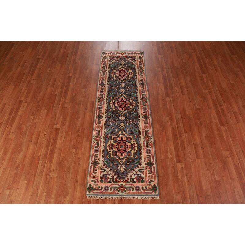 Hand Knotted Oriental 100% Wool Carpet Traditional Geometric Navy Blue & Blues Heriz (serapi) Runner Rug - 8' 1'' X 2' 6''