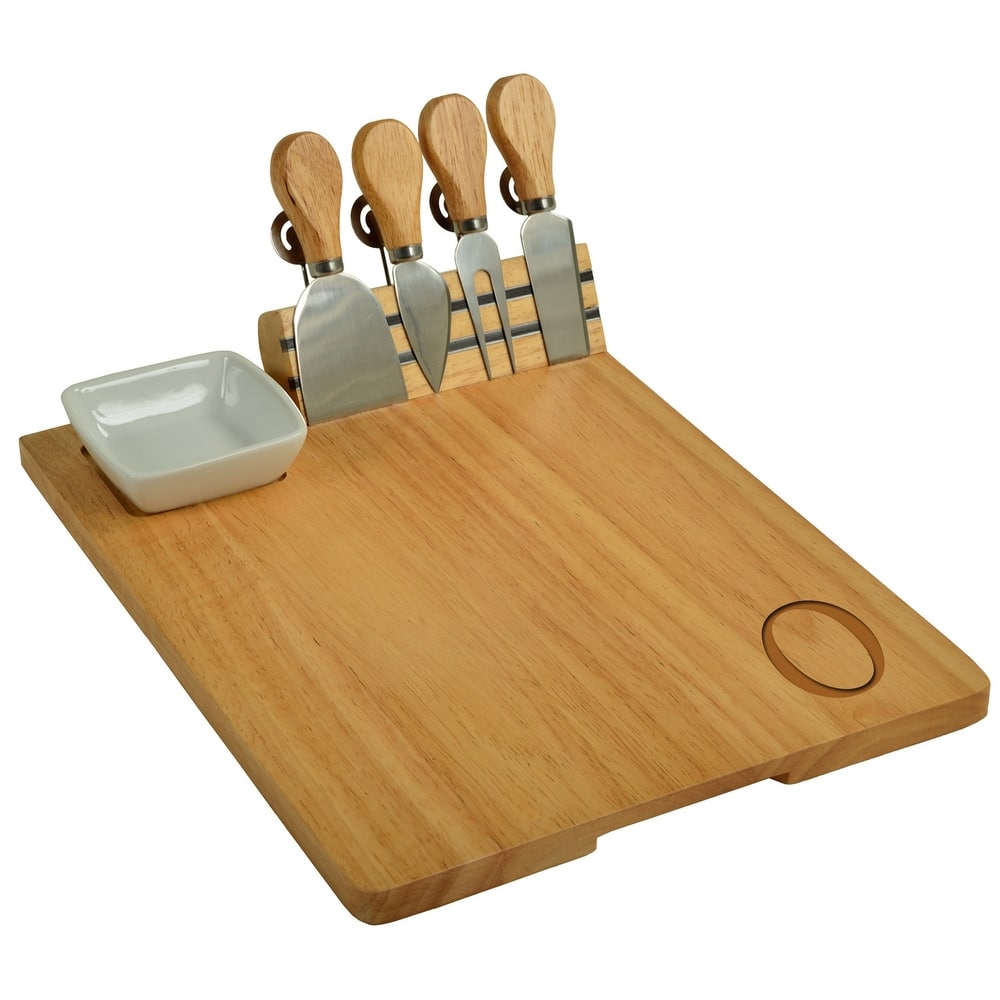 Picnic at Ascot Monogrammed Hardwood Charcuterie Board with Cheeese Knife Set and Ceramic Dish