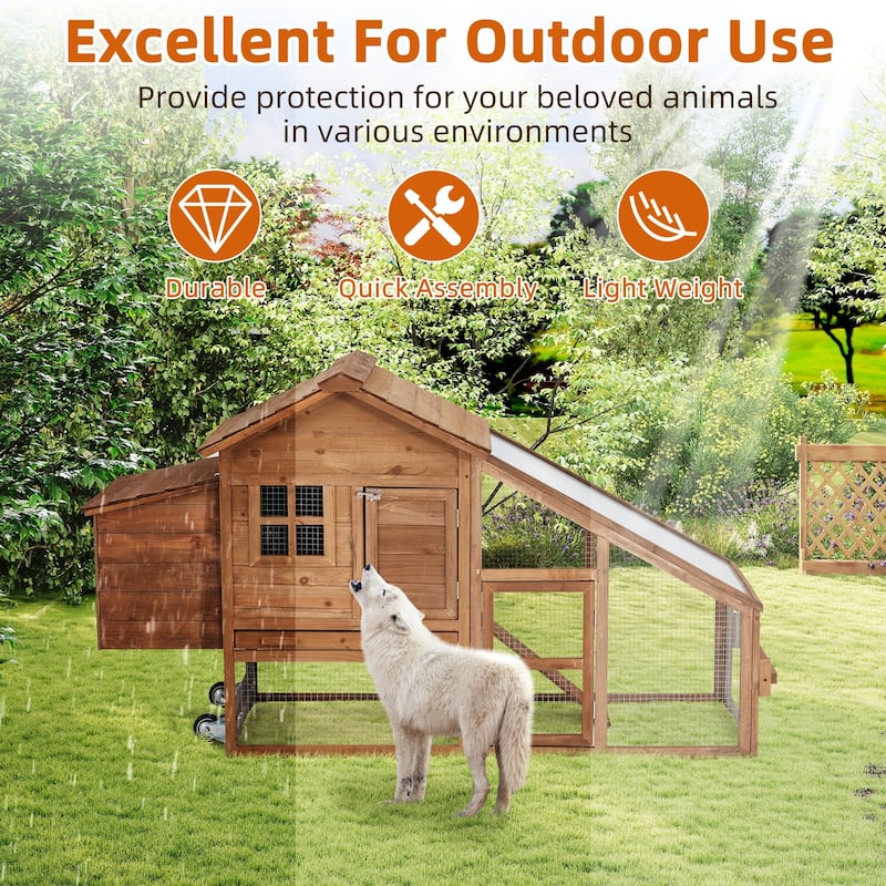 EROMMY Wooden Chicken Coop – 71” Mobile Poultry Tractor with Nesting Box, Wheels, Waterproof Roof & Pull-Out Tray - 71"x29"