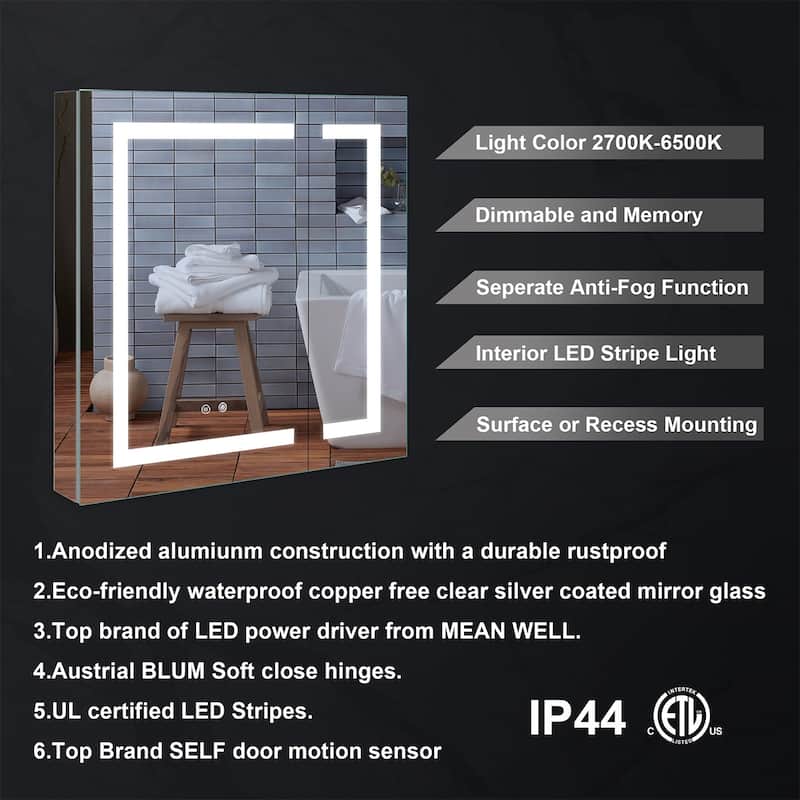30" H Recessed or Surface LED Mirror Cabinet with Adjustable Glass Shelves,Defogger, Dimmer And Outlets & USB Ports