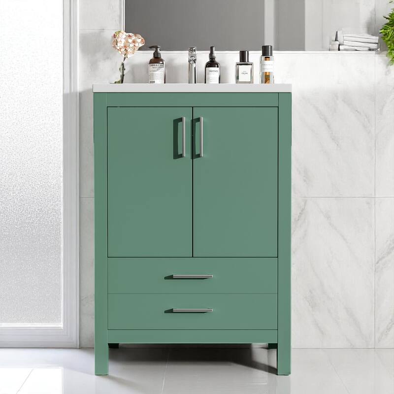 Modern 24 Inch Bathroom Vanity with Sink Combo, Green Cabinet with Silver Handles and Soft Closing Storage - Green
