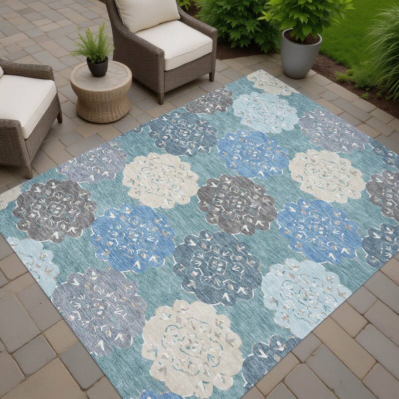 Machine Washable Indoor/ Outdoor Global Motif Chantille Rug - Teal - 5' x 7'6"