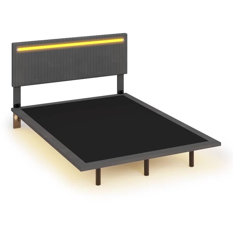 Modern Upholstered Floating Bed Frame with LED Lights, Vertical Channel Design Velvet Fabric Bed, Full Size, Beige
