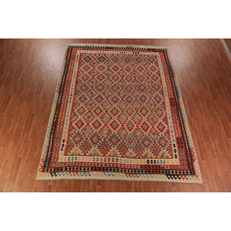Reversable Trellis Kilim Oriental Area Rug Handmade Wool Carpet - 10'0"x 12'9"