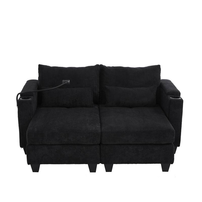 63" Convertible Corduroy Sofa Bed with USB Ports, Storage & Lumbar Pillows, Black