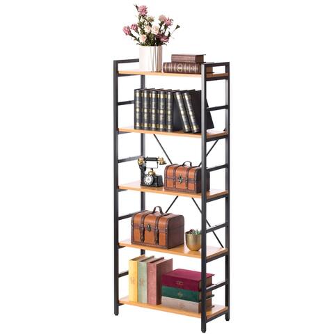 Industrial Style 5 Shelf Wood and Metal Bookcase
