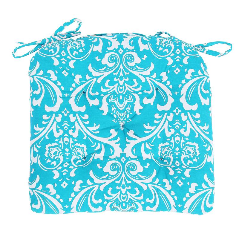 Handcrafted Cotton Damask Chair Seat Pads Cushions with Ties - 16''x16'' (Set of 2) - Turquoise