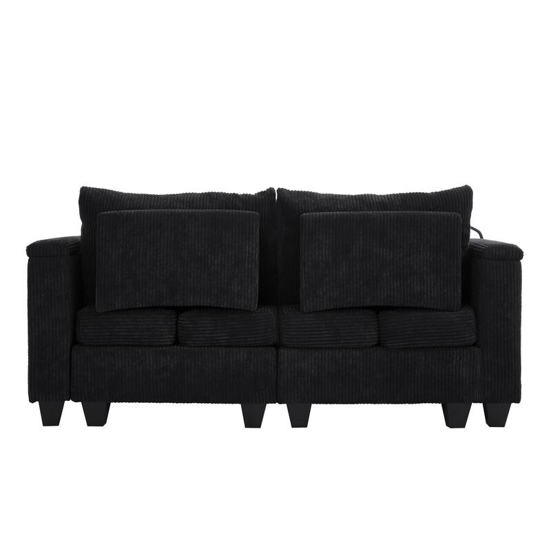 63" Convertible Corduroy Sofa Bed with USB Ports, Storage & Lumbar Pillows, Black