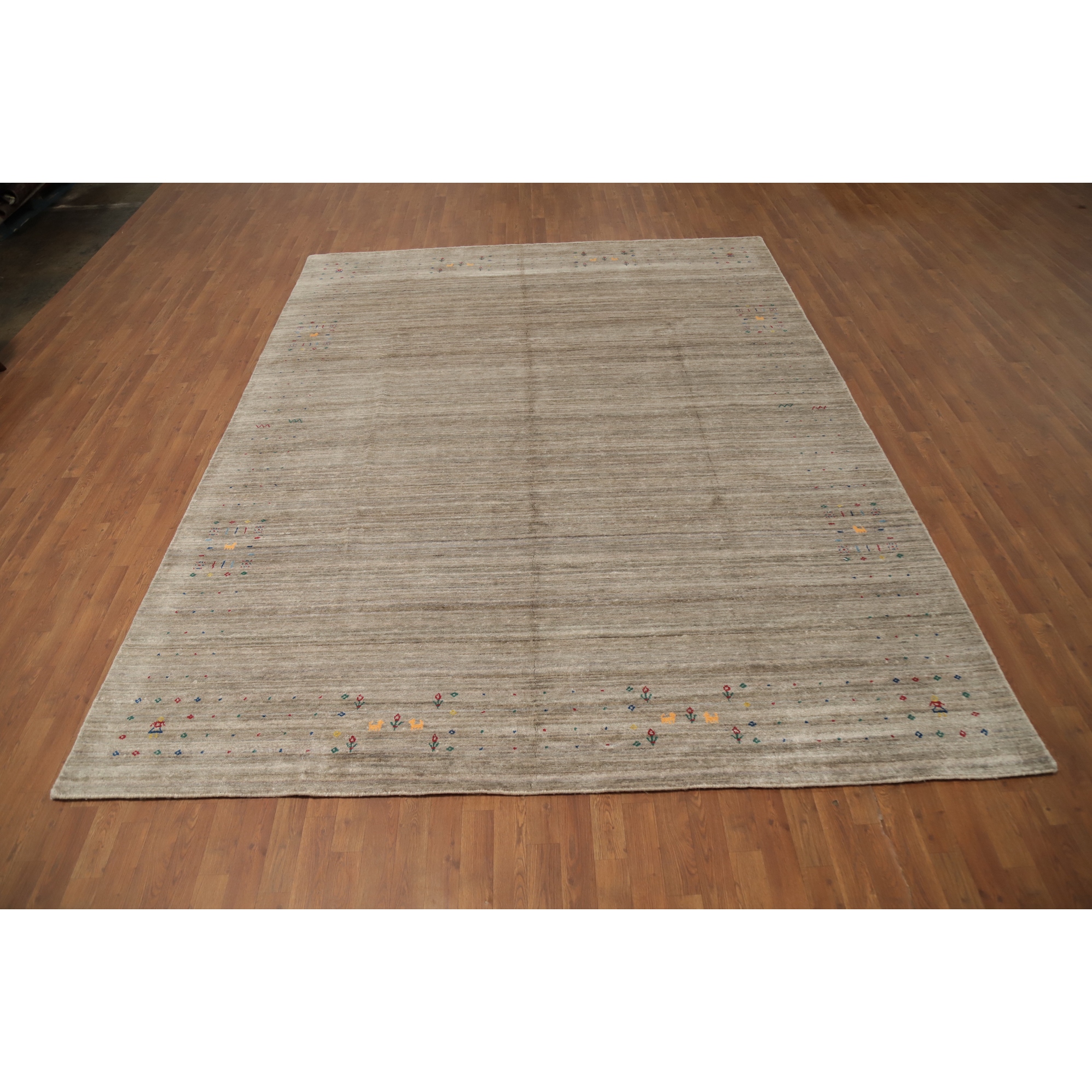 Hand Knotted Oriental Viscose Silk Carpet Tribal Animal Pictorial Beige & Ivories Gabbeh Area Rug - 11' 9'' X 8' 11''
