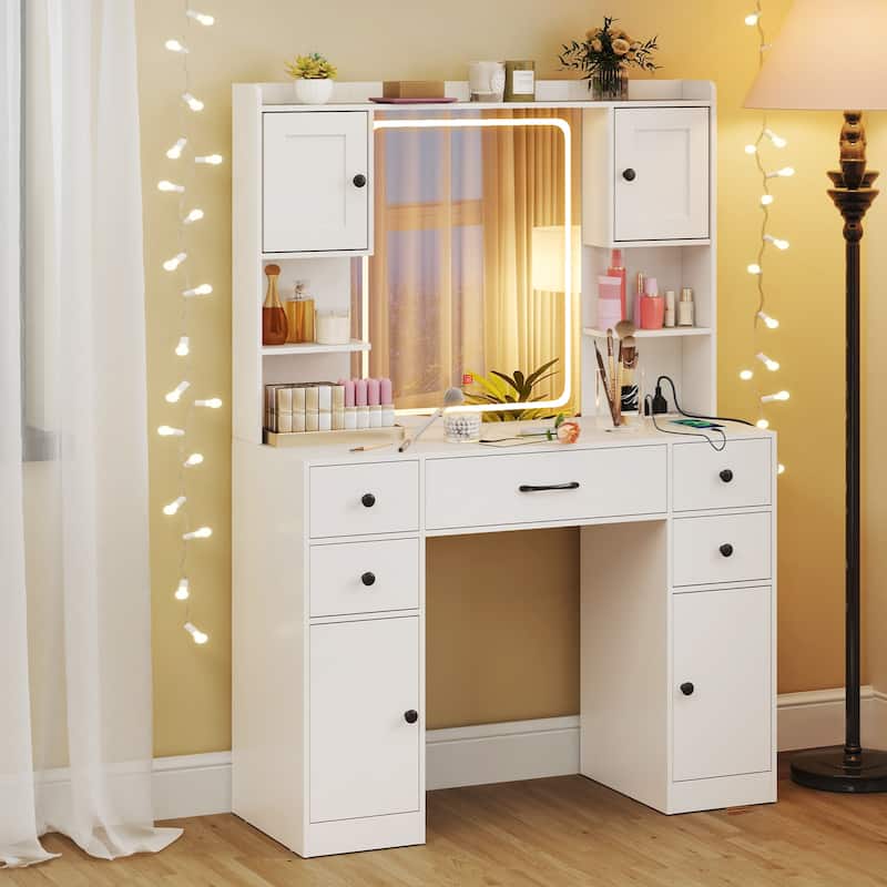Gymax Makeup Vanity Desk w/ Lighted Mirror Charging Station 3-Color