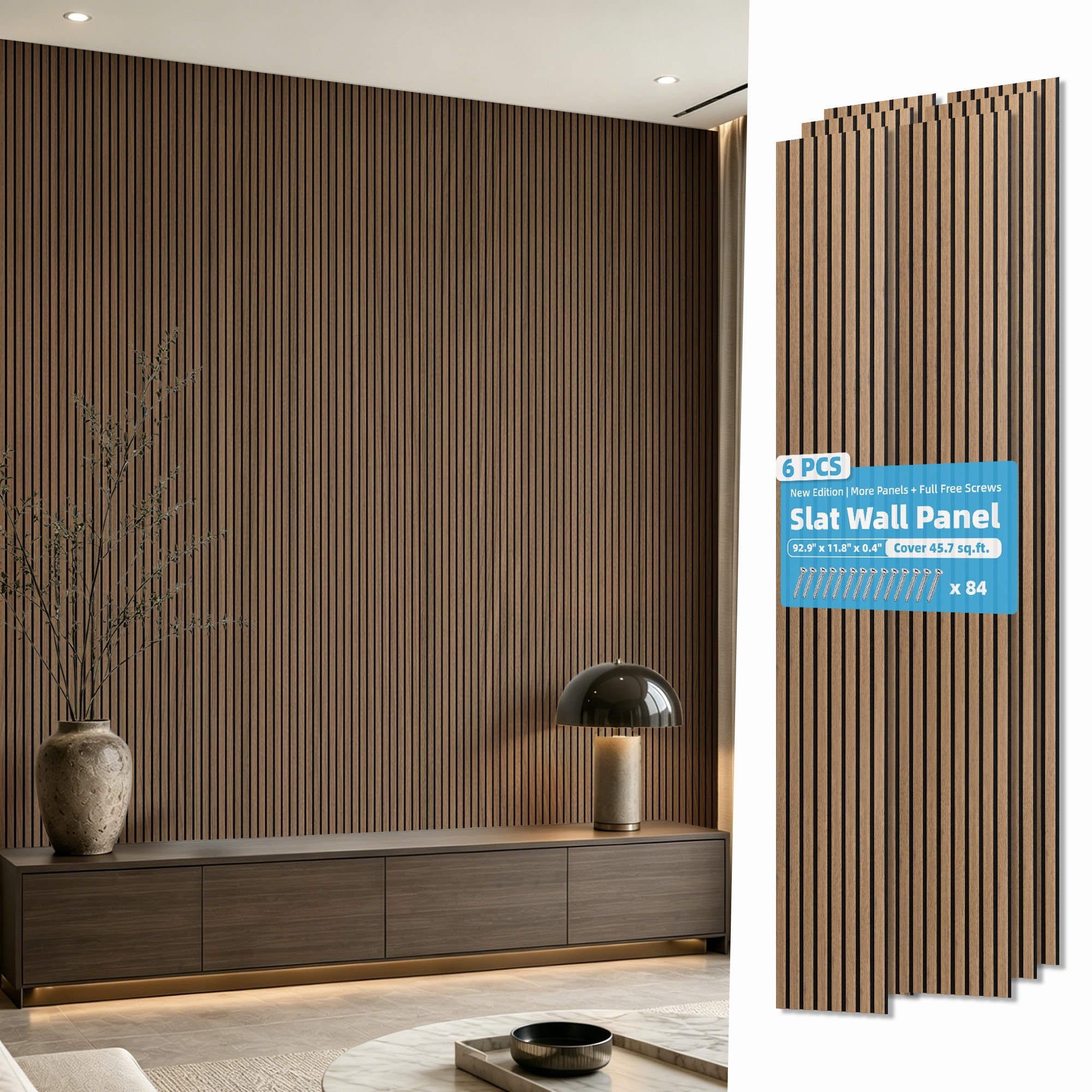 6-Pack 93"x12" 3D Wood Grain Grille Wall Panels Soundproof MDF Slats - 92.91"x11.81"'x0.39"