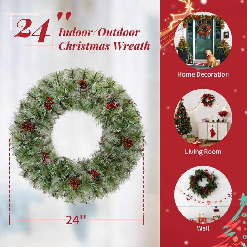 2 Pack 24in Pre-lit Christmas Wreath, Lighted Artificial Xmas Wreath with Red Berries Pine Cones, for Party Decorations