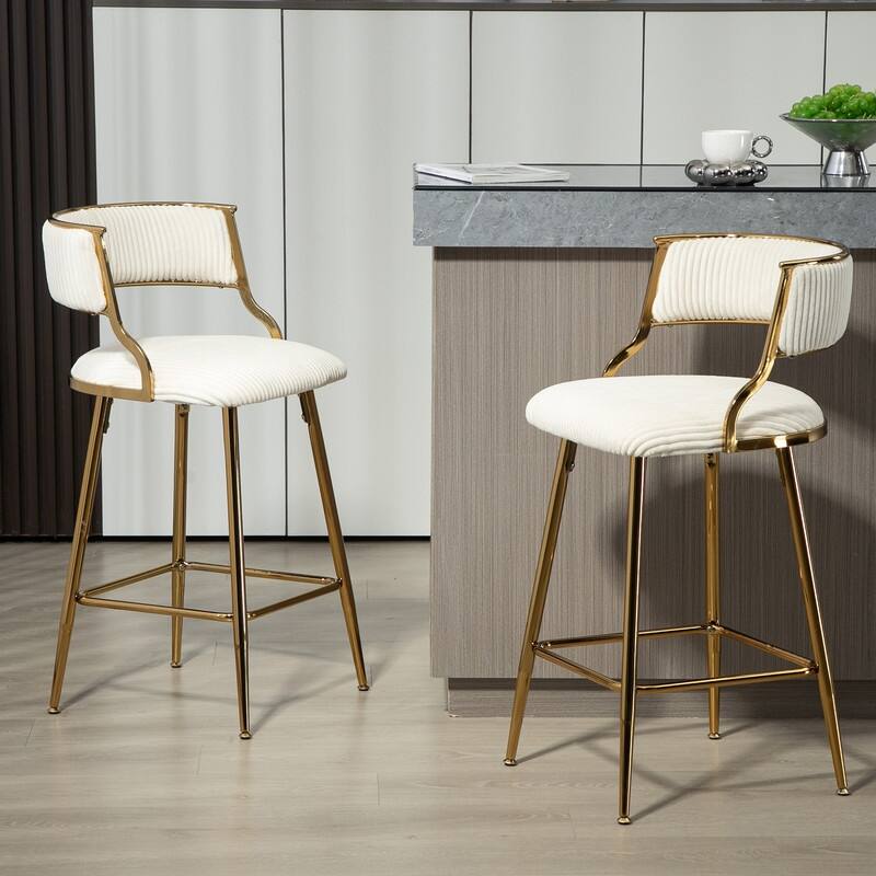 (SET of 2) 26'' Counter height bar stools Corduroy kitchen island counter bar stool with back,golden chromed base and footrest - Beige