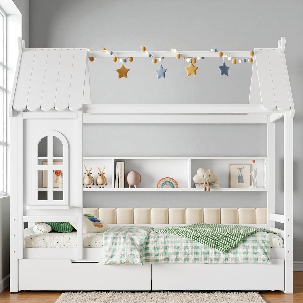Twin/Full Size Wooden House Bed with Drawers and Shelves, Kids Platform Bed Frame with Window Roof Design