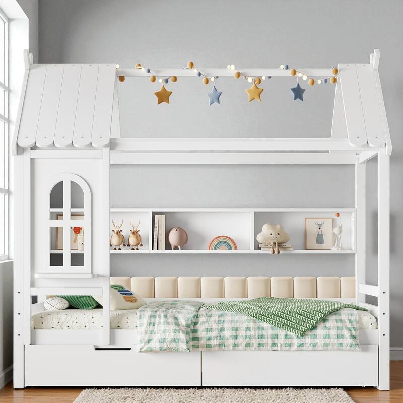 Twin/Full Size Wooden House Bed with Drawers and Shelves, Kids Platform Bed Frame with Window Roof Design - Light White - Twin