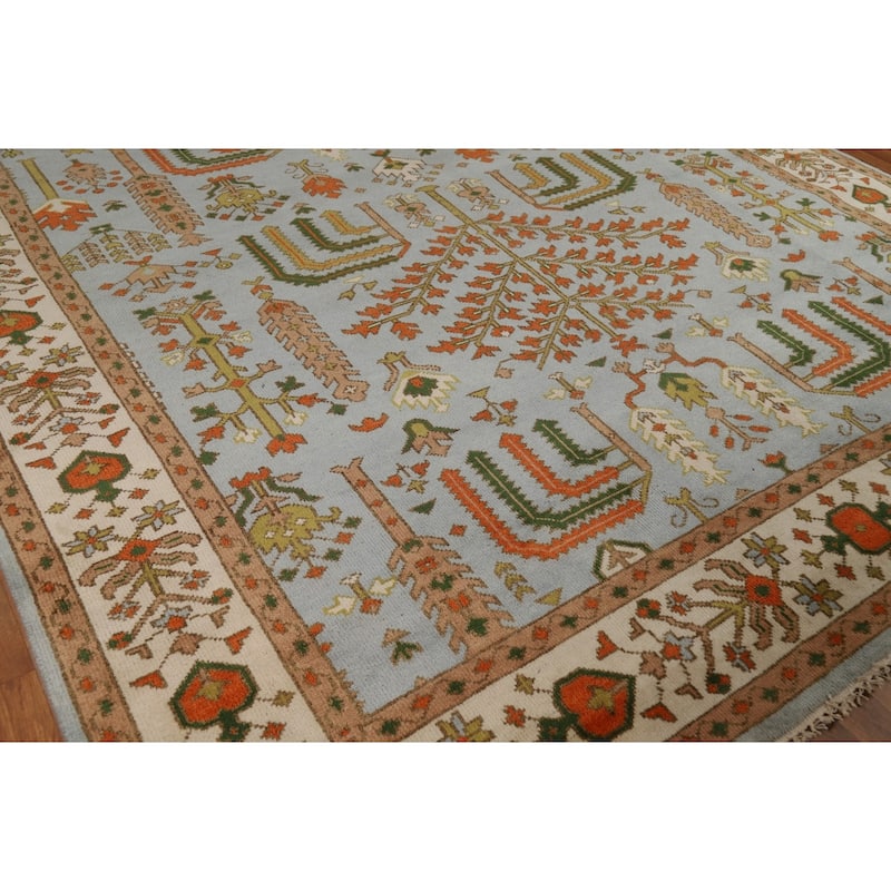 Light Blue Geometric Oushak Indian Area Rug Hand-Knotted Wool Carpet - 9'0"x 11'9"