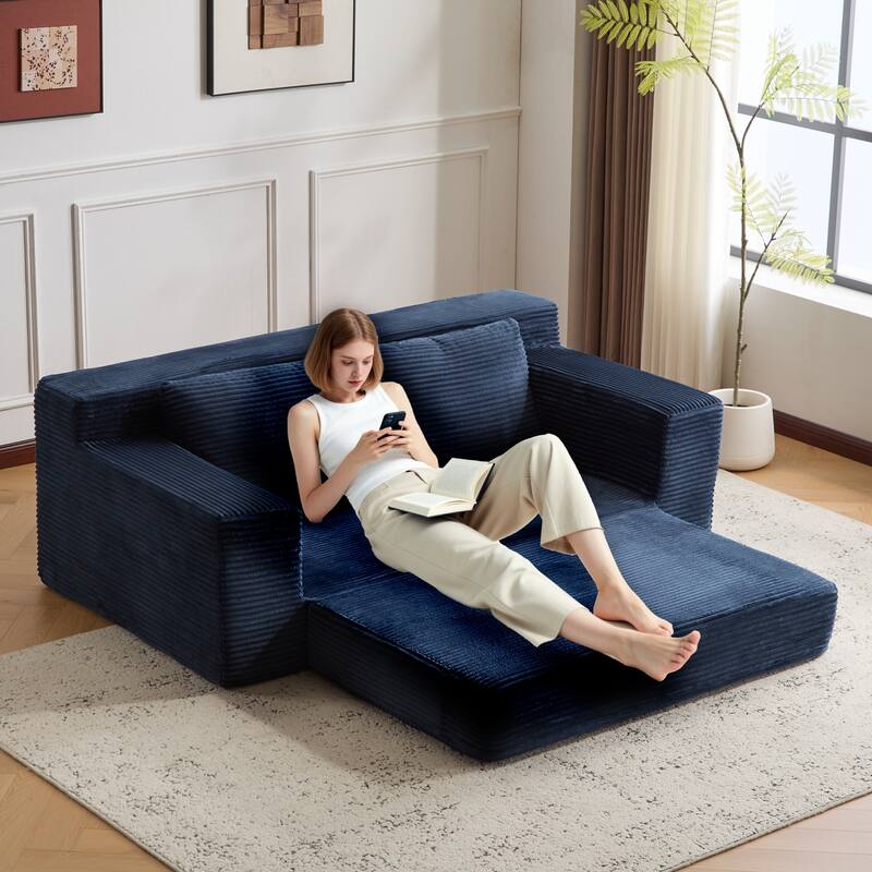 Floor Corduroy Deep Seat Loveseat Sofa with Folding Mattress Convertible Sleeper Sofa Bed with Reversible Cushion and Pillows