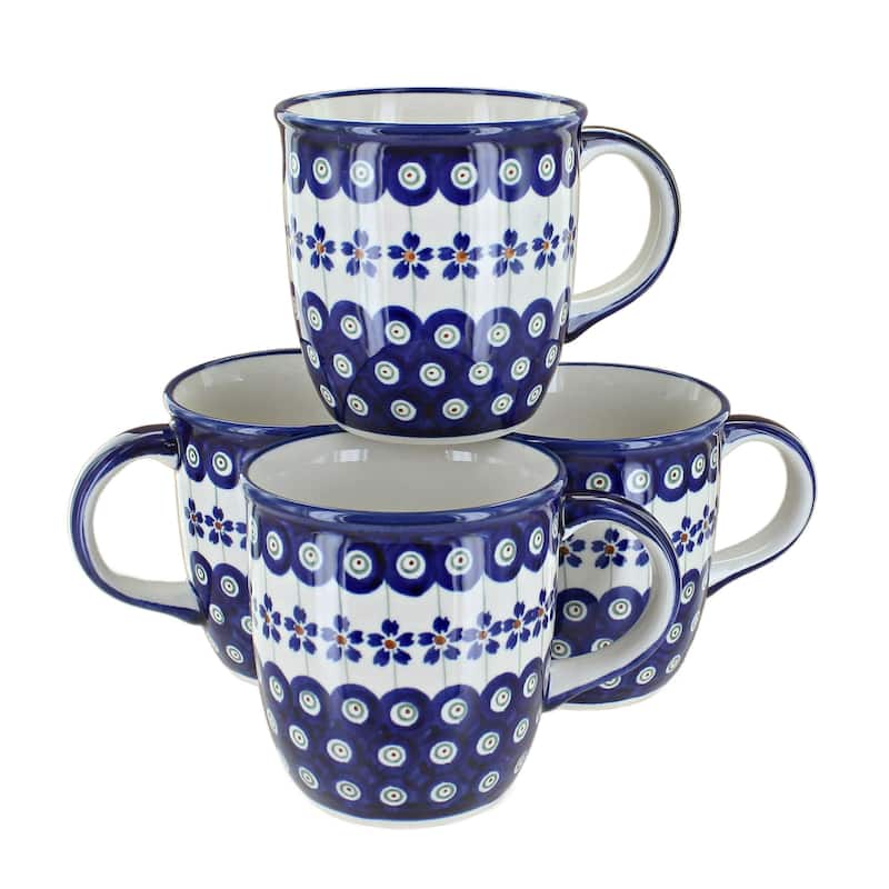 Blue Rose Polish Pottery 1800 Zaklady 4PC Mug Set - Flowering Peacock