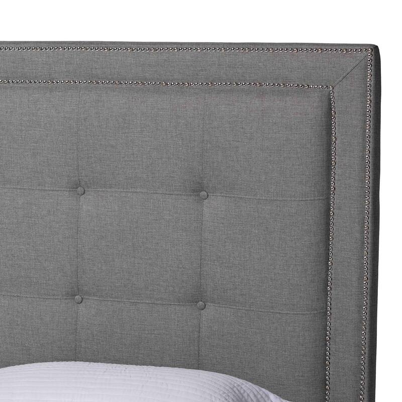 King Size Platform Bed - Grey Linen Upholstered, Button Tufted Headboard with Silver Trim